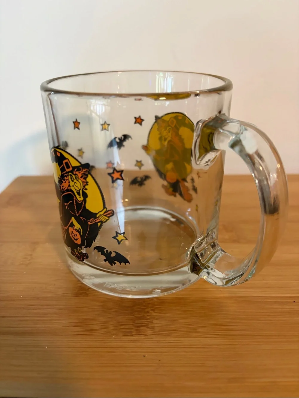 Vintage Halloween Witch Glass Mug Clear w Orange & Black. Made in USA. MCM